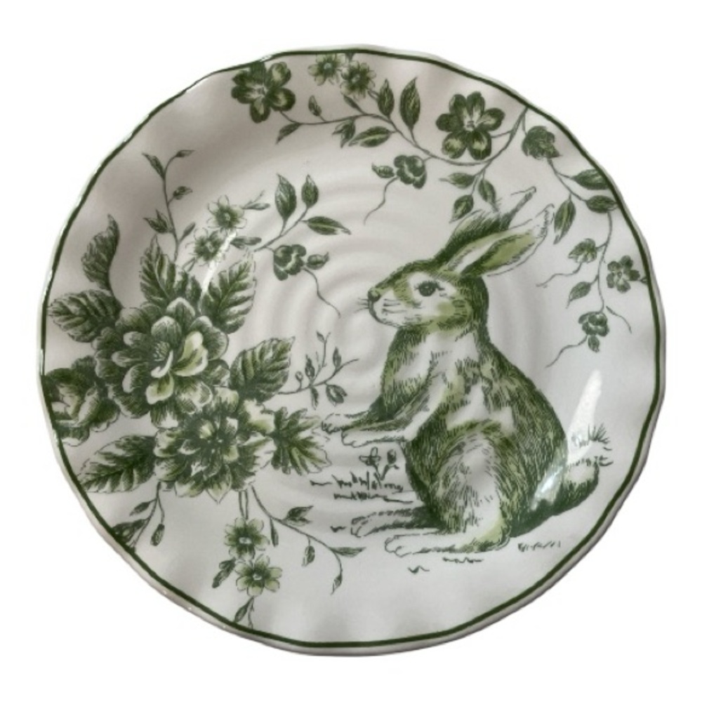 Maxcera Toile Green White Bunny Rabbit 9 1/4" Luncheon Salad Plates Set of 4 New - Picture 2 of 5